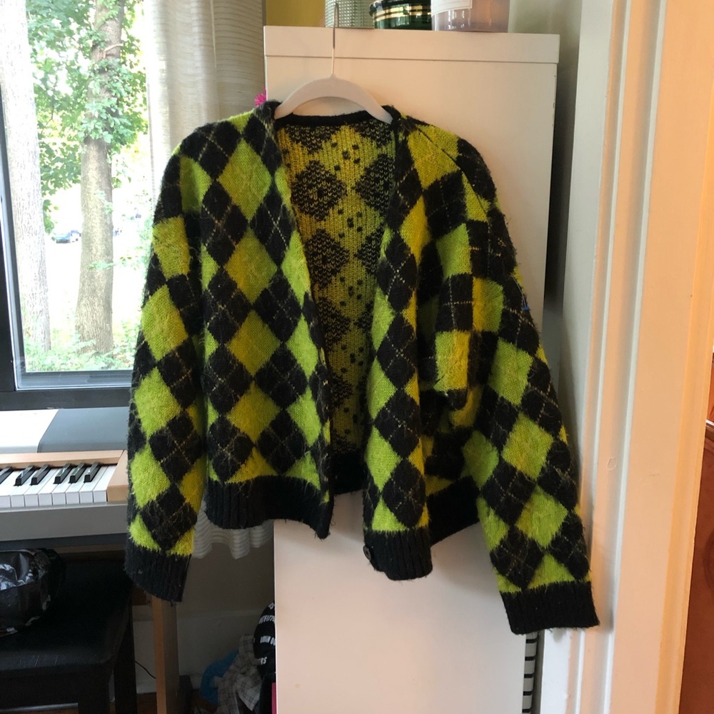 Oversized fuzzy argyle cardigan